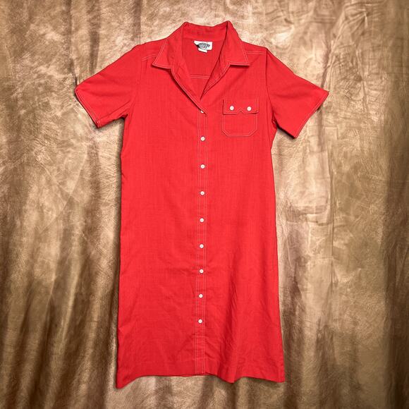 Sunshine Alley Vintage 70s Shirt Dress Red Button Up Collared Women's 18 Retro - Picture 1 of 9